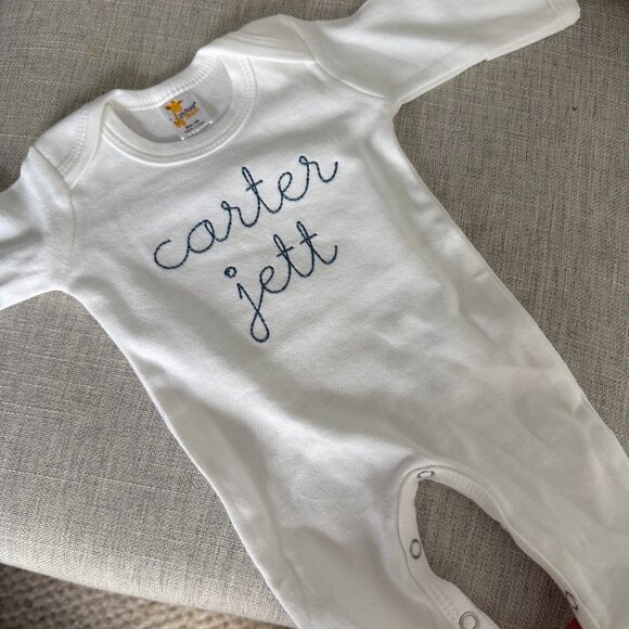 NEW Personalized White & Blue Baby Embroidered One Piece 0-3M "Carter Jett" - Picture 1 of 3